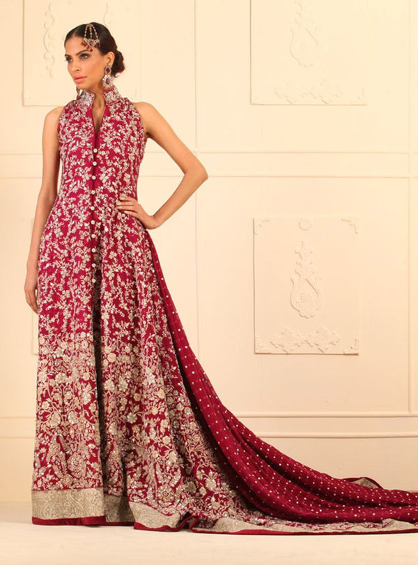 Magenta Floor Length Khaddi Net Front Open Dress