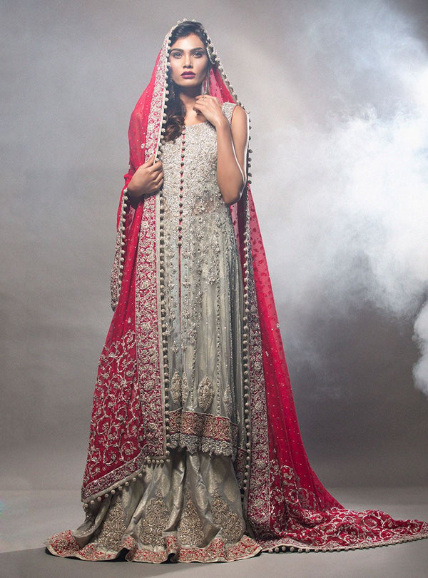Grey Net Shirt And Lehnga With Red Dupatta